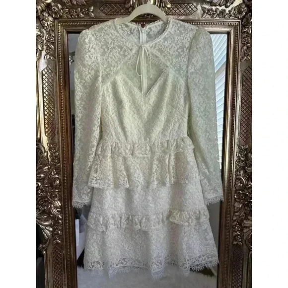 ML Monique Lhuillier Tie-Neck Ivory Lace Mini Long Sleeve Bridal Dress - Picture 3 of 10